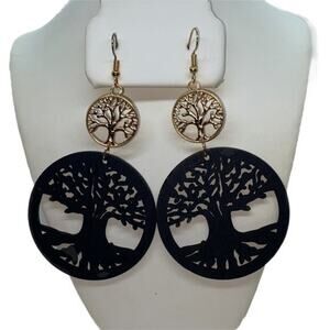 NWT Black Wood Gold-Tone Tree of Life Laser Cut-Out Dangle Earrings